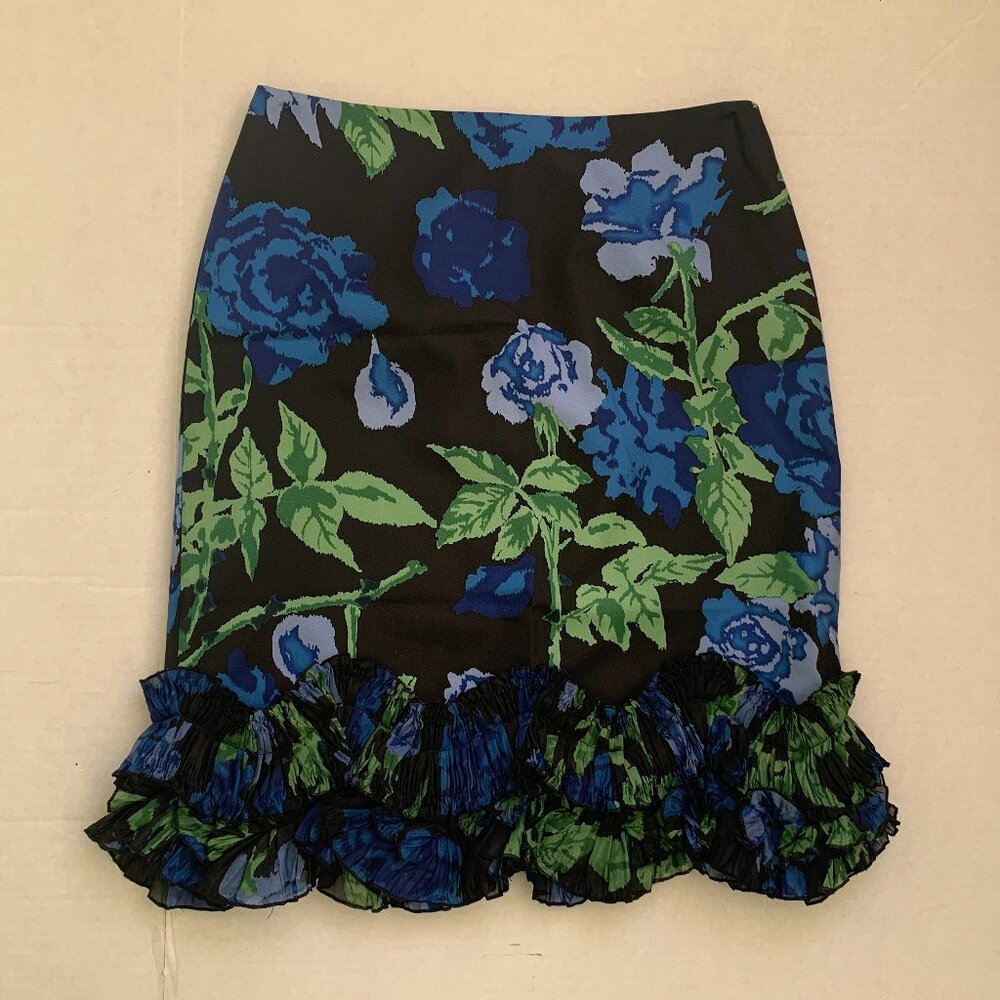 Muse Women’s 100% Silk Skirt Black Floral Ruffle 3DHem Sz 4 Green Blue Lined